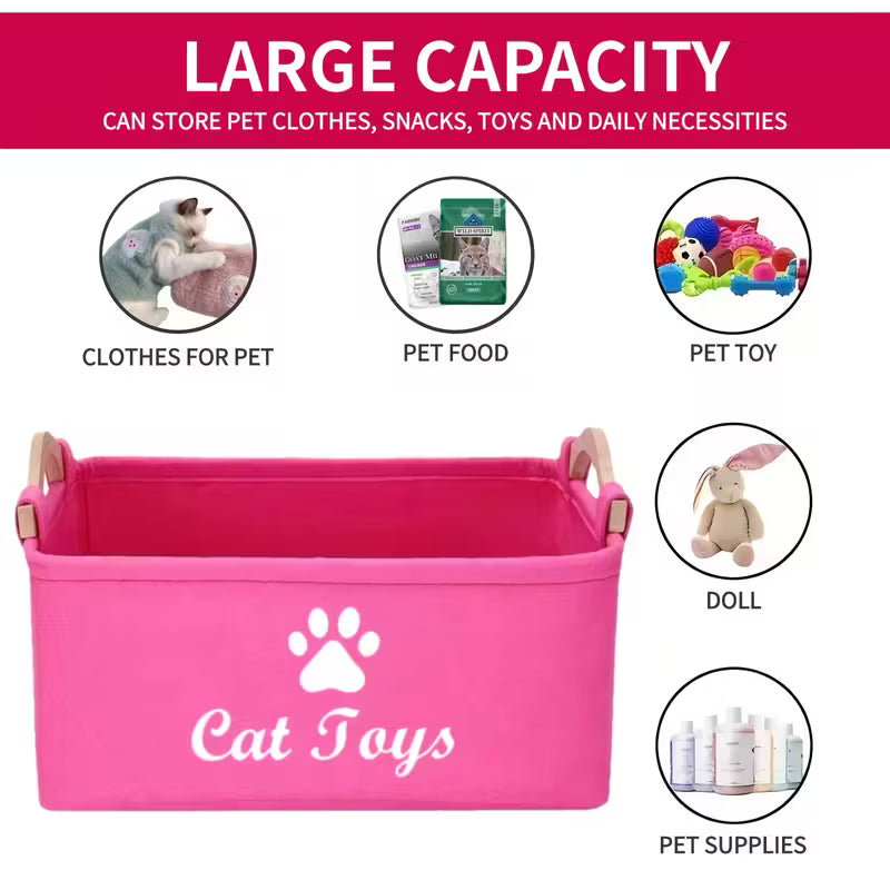 Pink Felt Cat Toy Storage Box with Wooden Handle