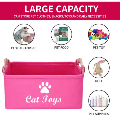 Pink Felt Cat Toy Storage Box with Wooden Handle