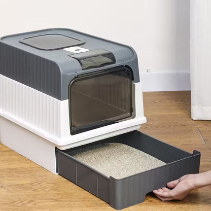 Cat Litter Box Flap Door and Top Entry with Litter Drawer