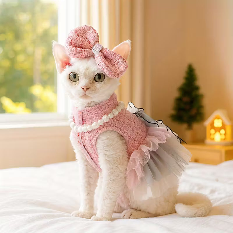 Princess Ruffled Dress with Matching Bow Headpiece & Pearl Necklace
