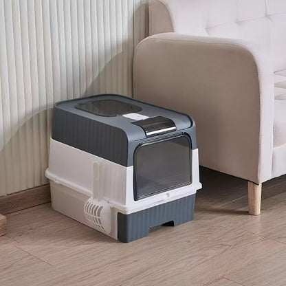 Cat Litter Box Flap Door and Top Entry with Litter Drawer