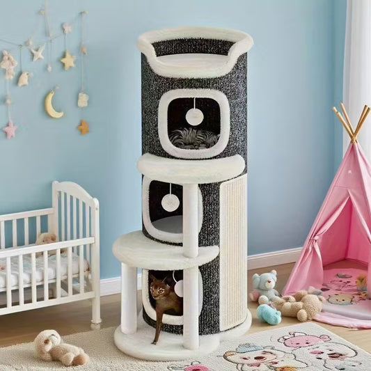 Sturdy 3-Tier Round Cat Tree Tower with Soft Carpeted Platforms & Multi-Level Perches