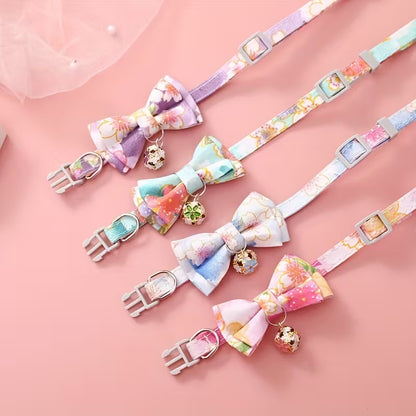 Cat Collar With Floral Print Bow Tie And Bell