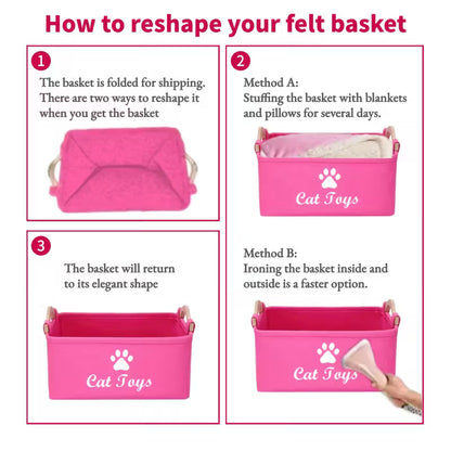 Pink Felt Cat Toy Storage Box with Wooden Handle