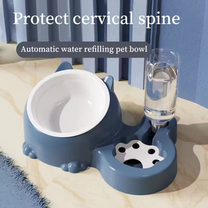 Elevated Blue Cat Double Bowl With Water Dispenser