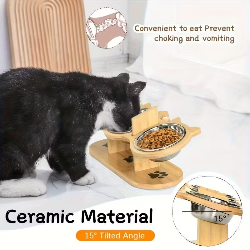 Elevated wood cat feeder with two bowls